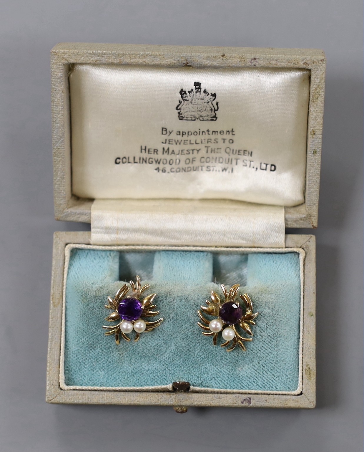 A pair of 9ct, amethyst and cultured pearl cluster earrings, 17mm, gross weight 4.2 grams.